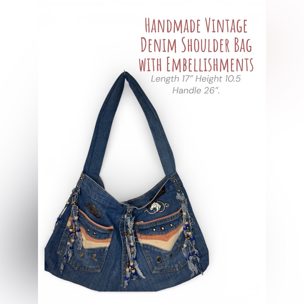 Bohemian Denim Shoulder Bag – Beaded, Embroidered & Studded Details